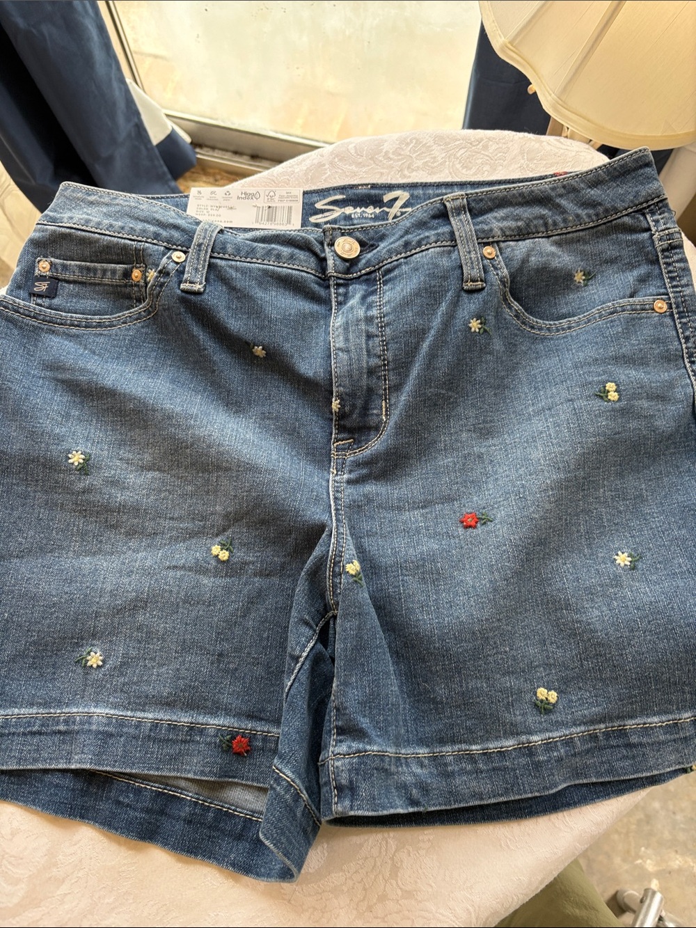 Seven7 Blue Denim Shorts with Embroidered Floral Accents
